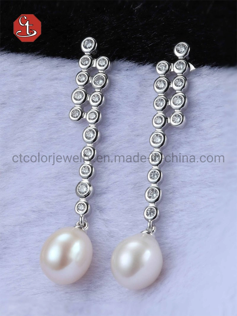 Bisutería de moda Plata y latón Blanco Concha Pearl pendiente gota Joyería