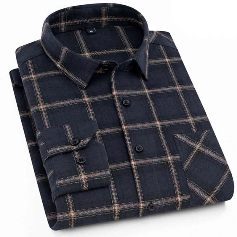 Men Pure Cotton Sanded Fabric Long Sleeve Casual Male Front Pocket Plaid Autumn Winter Classic Checked Shirts