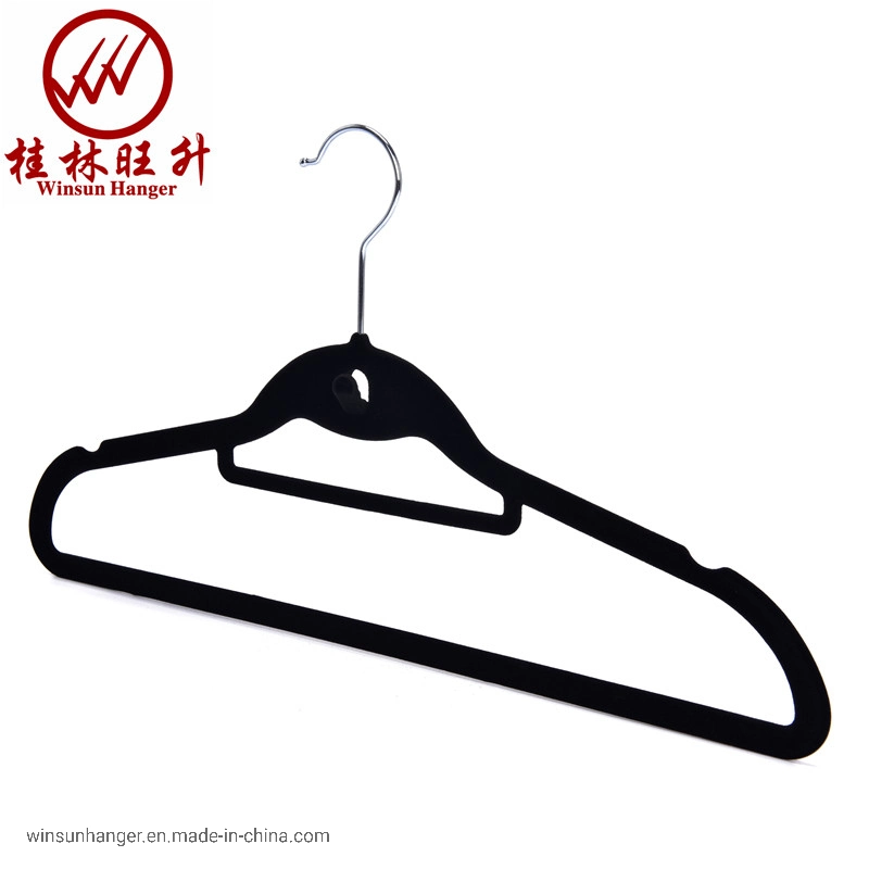 Black Velvet Clothes Hanger Flocked Plastic Hanger with Mini Hook