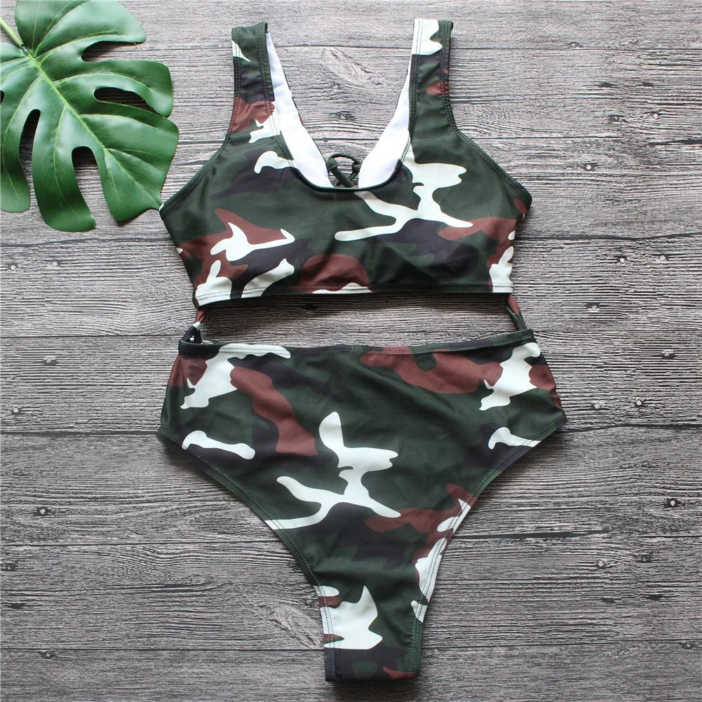 Camouflage Print Swimming Suit Women Sexy Bikini Hollow out Swimwear