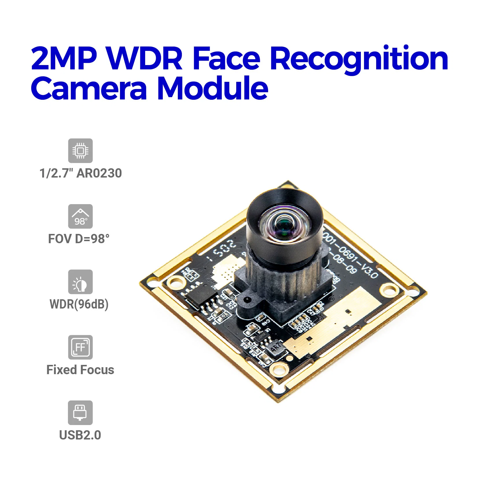 2MP 1/2.7" CMOS Ar0230 98 Degree Mini UVC USB2.0 Spy Webcam Board Camera Module with 3.3FT/1m Cable for Windows Linux