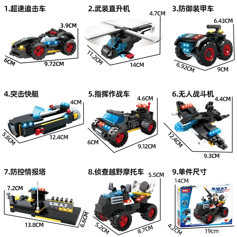 Woma Toy C5007 Model 8 in 1 Armored Car Student Special Team Child Swat War Vehicle Building Blocks Brick Set Kids Armed Helicopter Wholesale/Supplier Toy Car