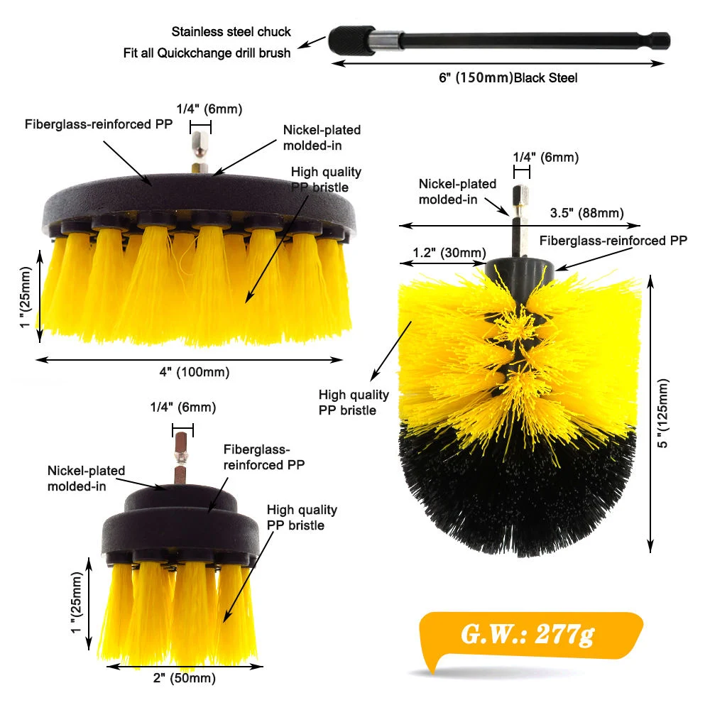 4PCS/Set Yellow Drill Brush Attachment Set Car Cleaning Kit for Bathroom Surfaces, Grout, Floor