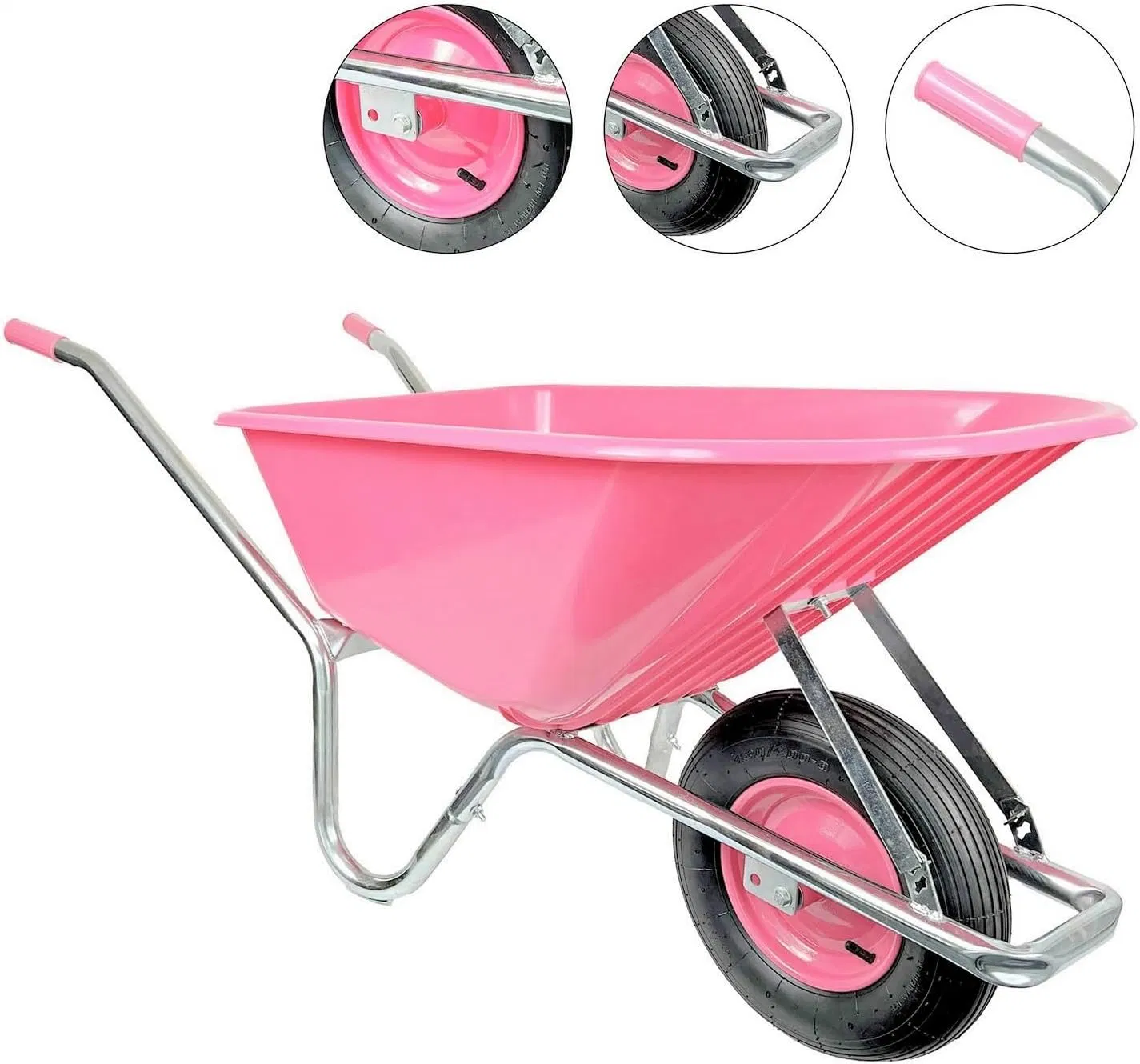 Wheelbarrow Plastic Tray Pink Galvanised Frame Metal Rim with Ball Bearing Lightweight