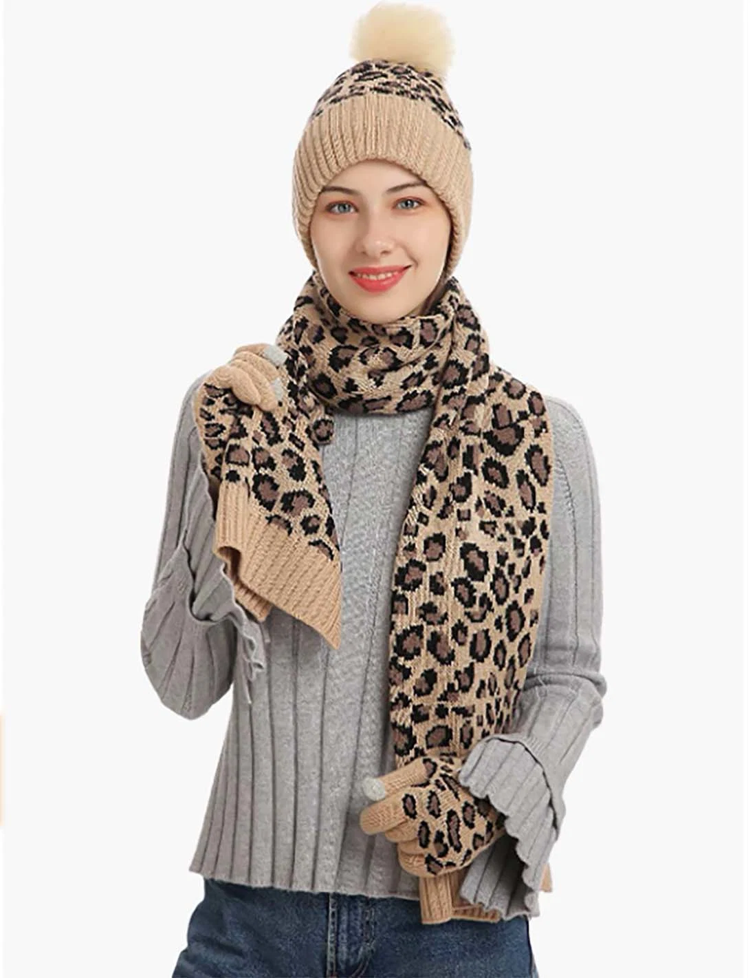 Fashion Outdoor Leopard Pompom Hat Scarf Gloves Warm Knitted Set