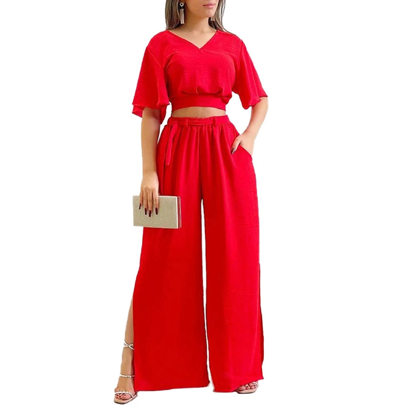 Loose Short Sleeve Set Women Casual Blouse Tops with Wide Leg Pants Two Piece Set