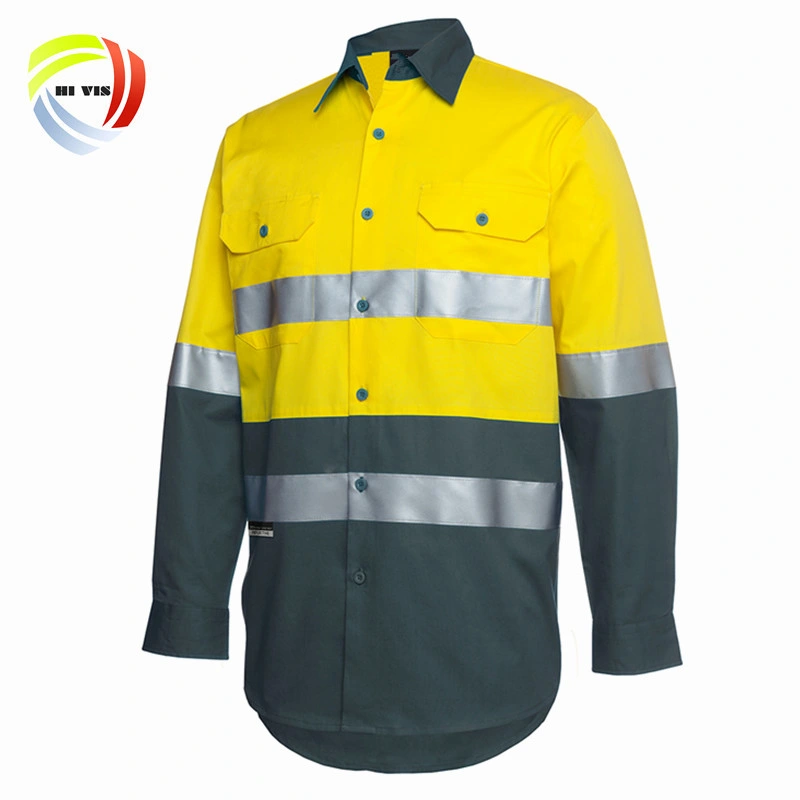 Custom Two Tone 100% Cotton Drill Light Weight Long Sleeve Work Uniform Reflective Safety Hi Vis Workwear for Men