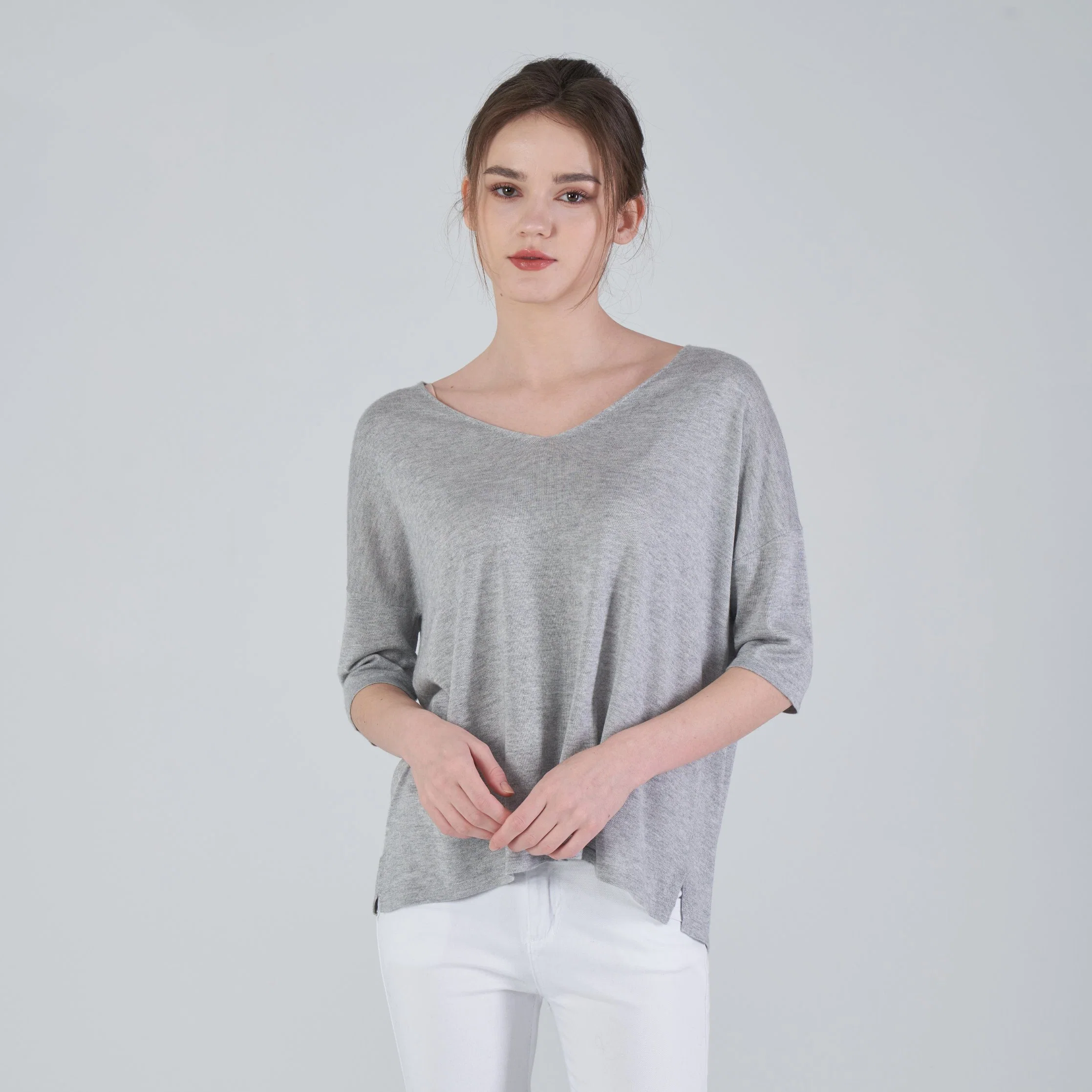 Wholesale/Supplier Women Leisure Fashion Autumn Winter Loose Fit V Neck Silk Cashmere Blends Pullover Sweater