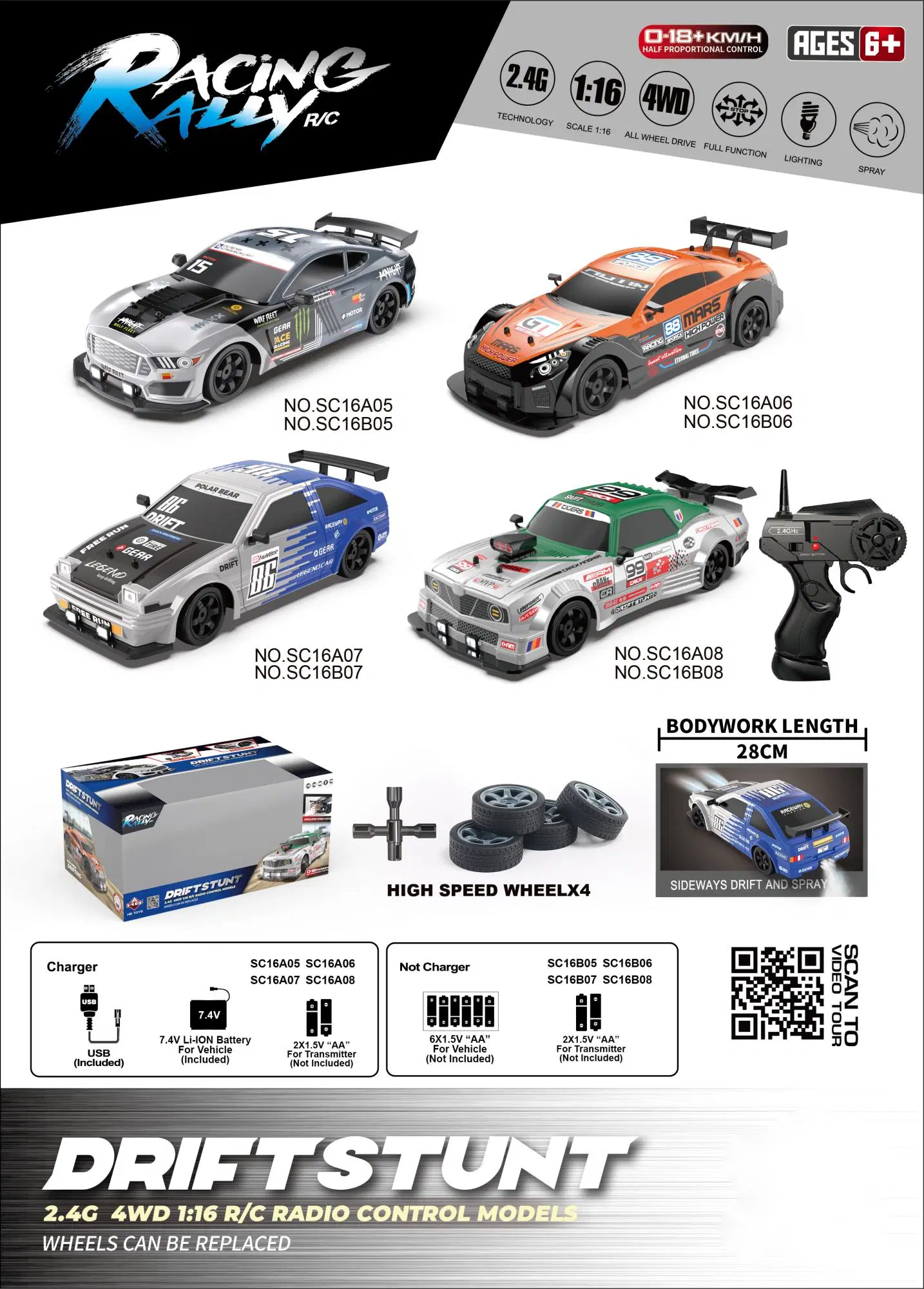 New Product 1: 16 Simulation 4WD Drift Car Sc16A05 Open Window Box Package Power 2.4GHz LED Lights Smoke Function R/C Toy