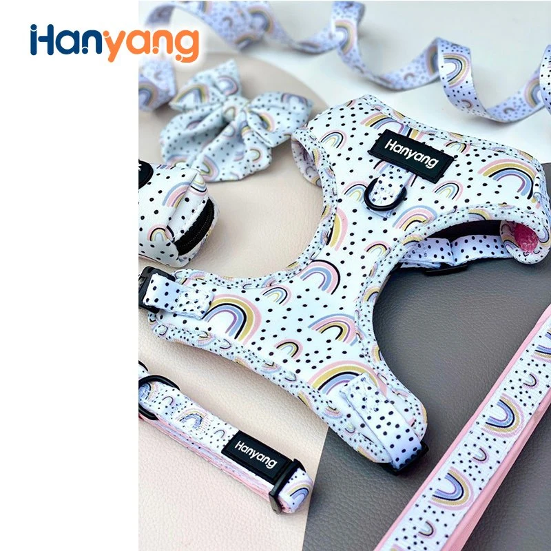 Hanyang 2023 Dog Harness Manufacturer Soft Neoprene Personalized Custom Adjustable Pet Dog Harness with Dog Leash Collar and Poop Bag Holder Bowtie