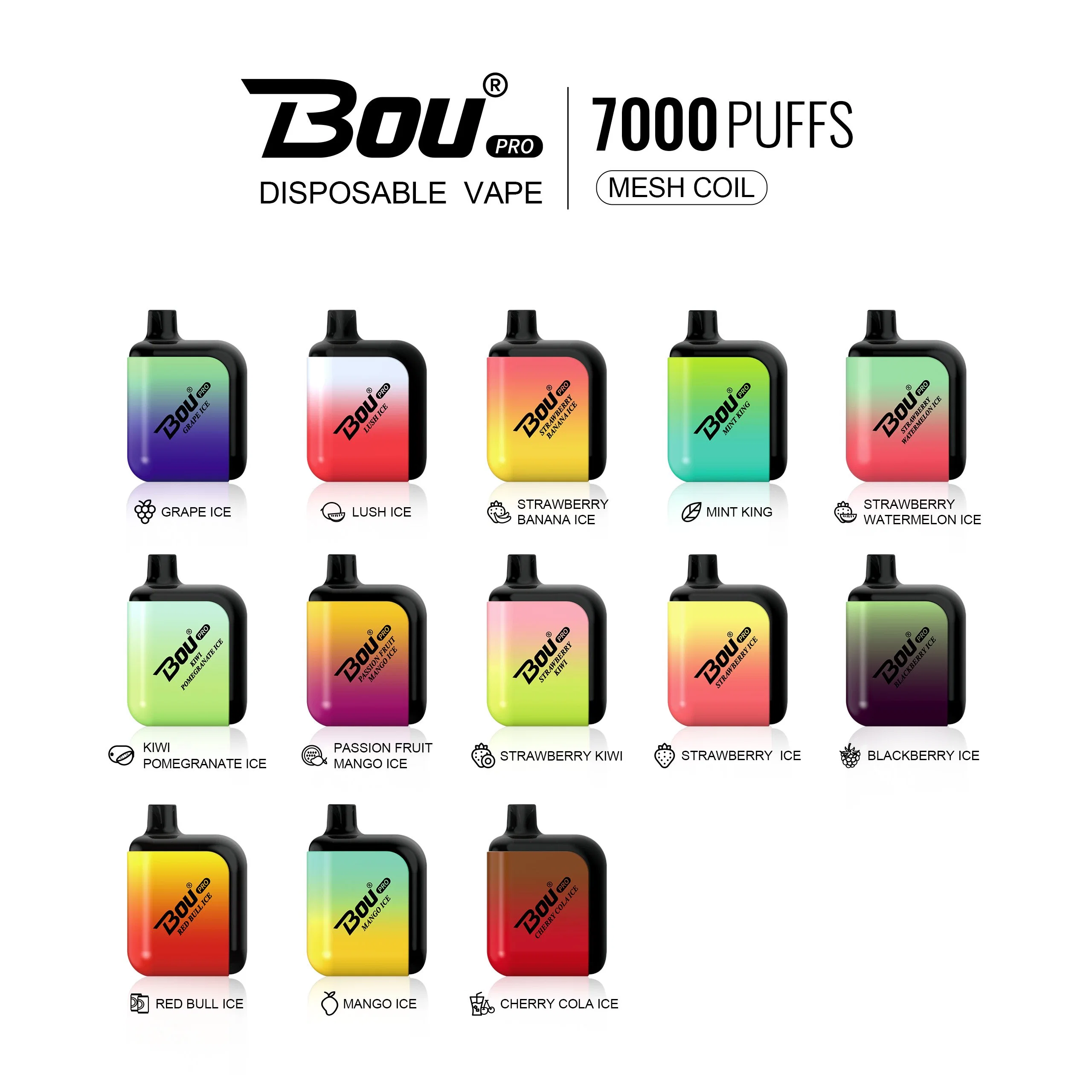 Bou PRO 7000 Puff 5% 16 مل من حاوية دخان OEM يمكن التخلص منها Vape Pen Putff Vape vaporizer Disposable Vالقِرَدة مع FCC ROH CE