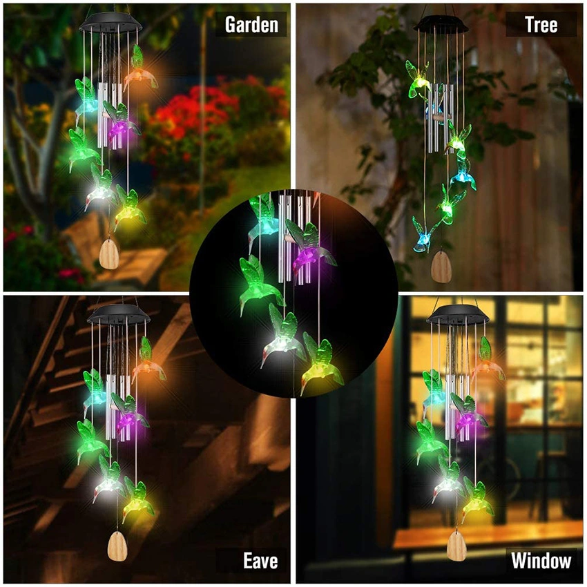 Hummingbird Automatic Colorful Flash Wooden Pendant Aluminum Tube Windbell Lamp Solar Wind Chimes Light Garden Ornaments