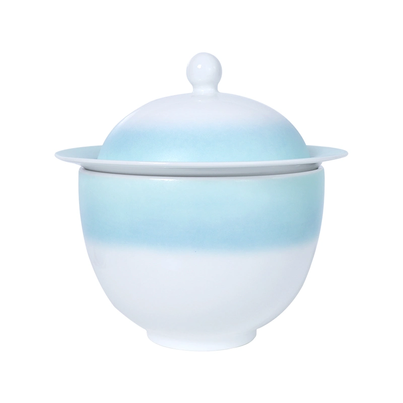 Blue White Warmer Porcelain Soup Bowl with Lid and Saucer Matte Tureen