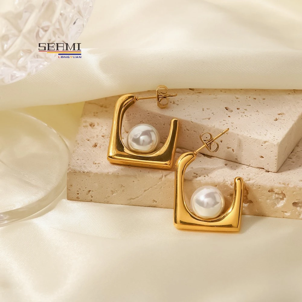 Chapado en oro 18K -White Pearl Pendientes Pendientes de la mujer de acero de titanio