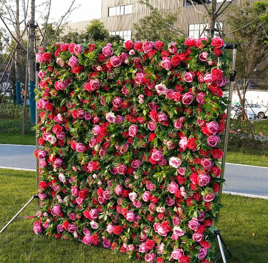 Customized Artificial Fabric Silk Rose Flower Wall Wedding Decoration Backdrops Roll up High End Flower Wall