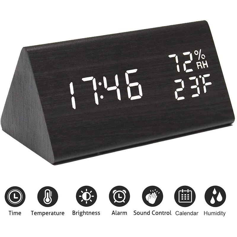 Amazon Hot Sale Mute Luminous LED Electronic Gift Triangle Digital Baby Room Wooden Clock Humidity and Temperature Alarm Clock