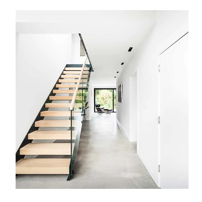 Escaleras de madera de tamaño personalizado con vidrio sin marco y. Accesorios de acero inoxidable clavado