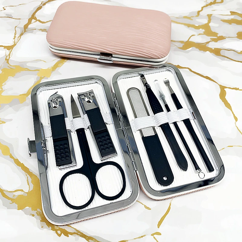 SS 7-Piece couro Rosa Nail Suit upscale Nail Clipper Preto Conjunto de pedicure manicure presente completo