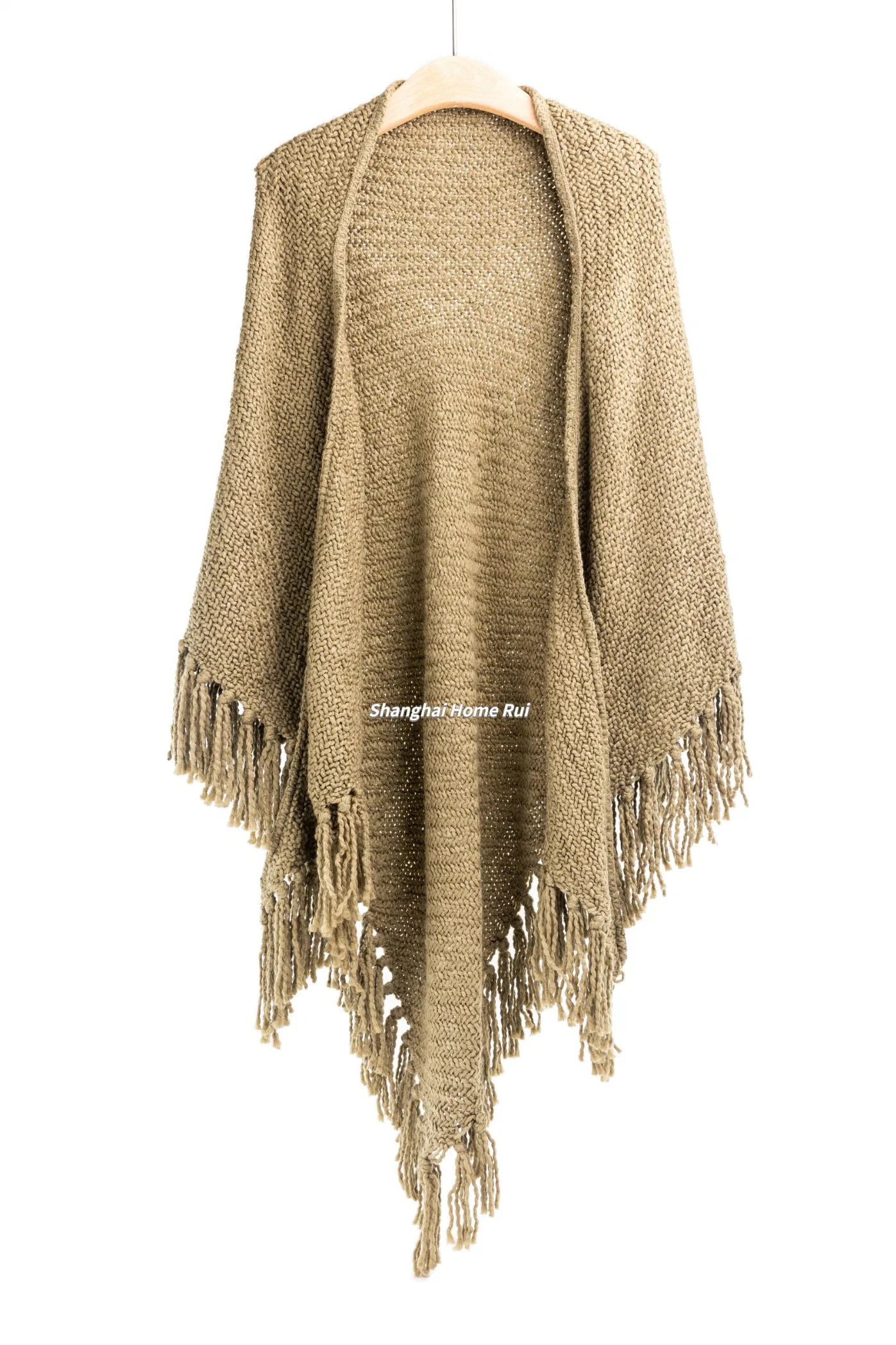 Supplier Outfit Fall Winter Lady Fashion Plus Batwing Sleeve Irregualar Shape Brown Striped Long Tassel Cozy Fluffy Chunky Boat V-Neck Blanket Poncho Pallium