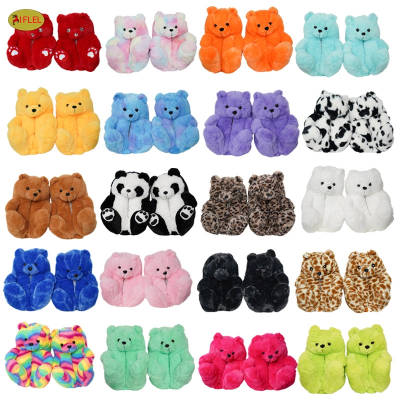 Teddy Bear Women Plush Fur Slippers Cartoon House Shoes Indoor Flip Flops Winter Warm Furry Slides Footwear