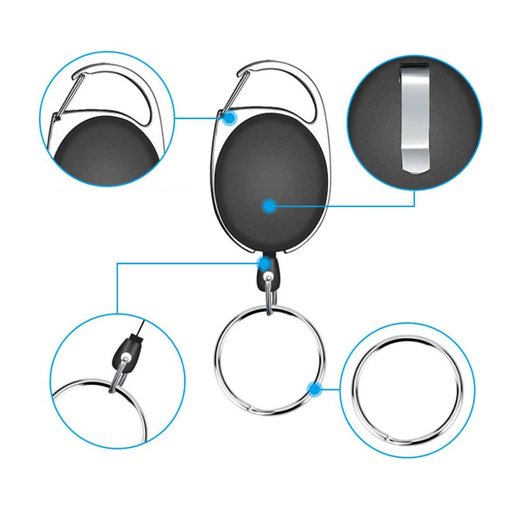 Llavero retráctil con cable de metal extensible de 60 cm, clip para llaves, anillo para tirar del llavero, soporte para tarjeta de identificación anti pérdida