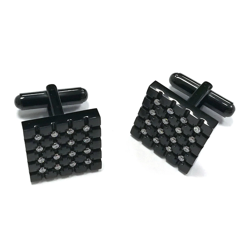 Factory Custom Made Fashion Metal Mens Accessory Manufacturer Customized Rhinestone Cuff Decoration Fastener Bespoke Square Gun Black Stainless Steel Cufflink