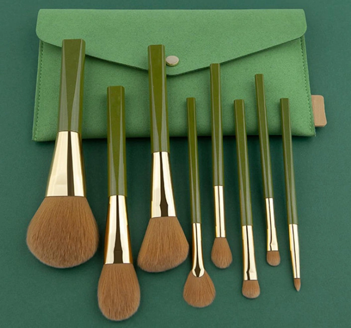 New Style 8PCS Makeup Brush Green Color Cosmetic Bag Brush Suit Wooden Handle Tube Wool Makeup Beauty Tool