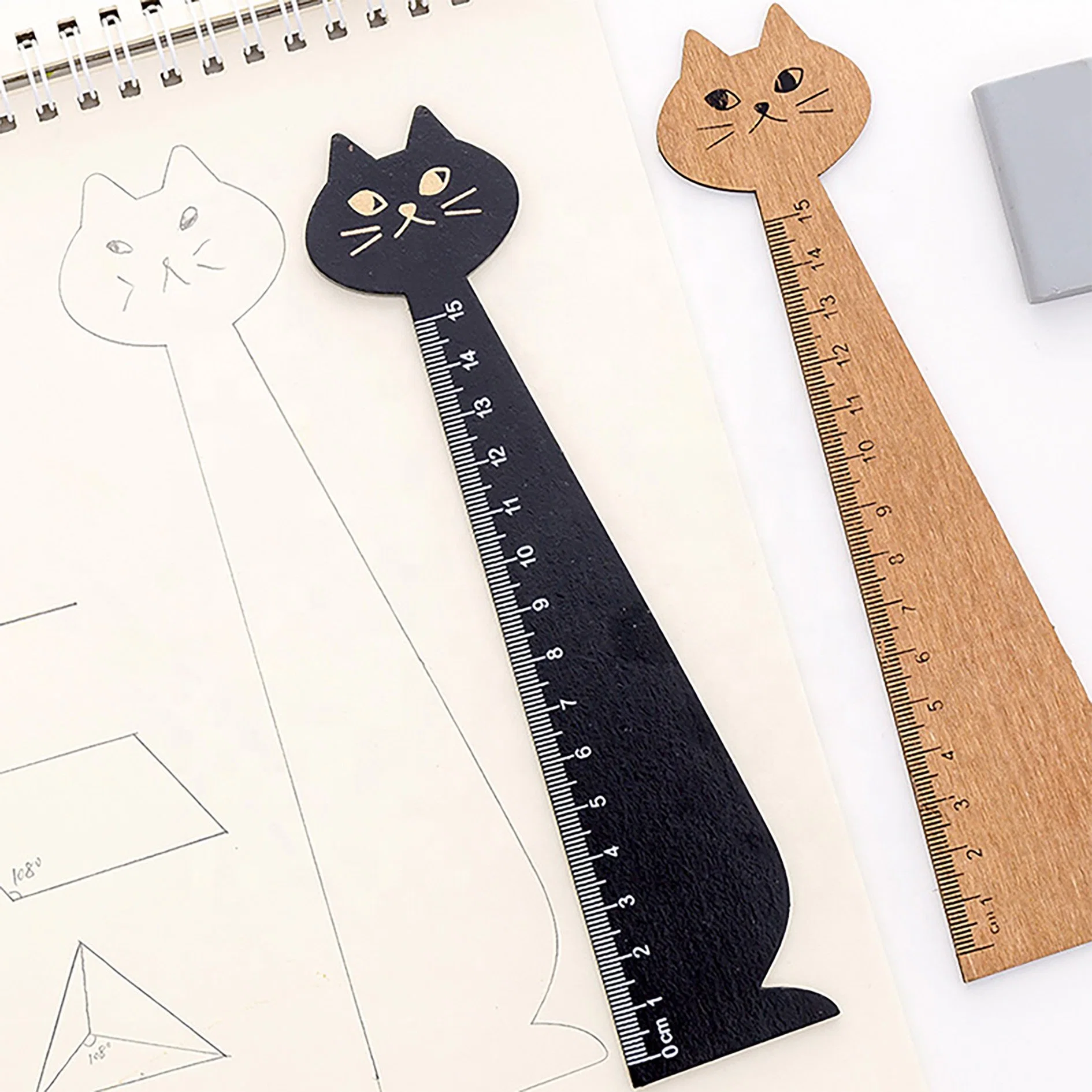 School 15cm Scale Cartoon Kawaii Cat Shape Solid Wood Measuring Ruler for Kids