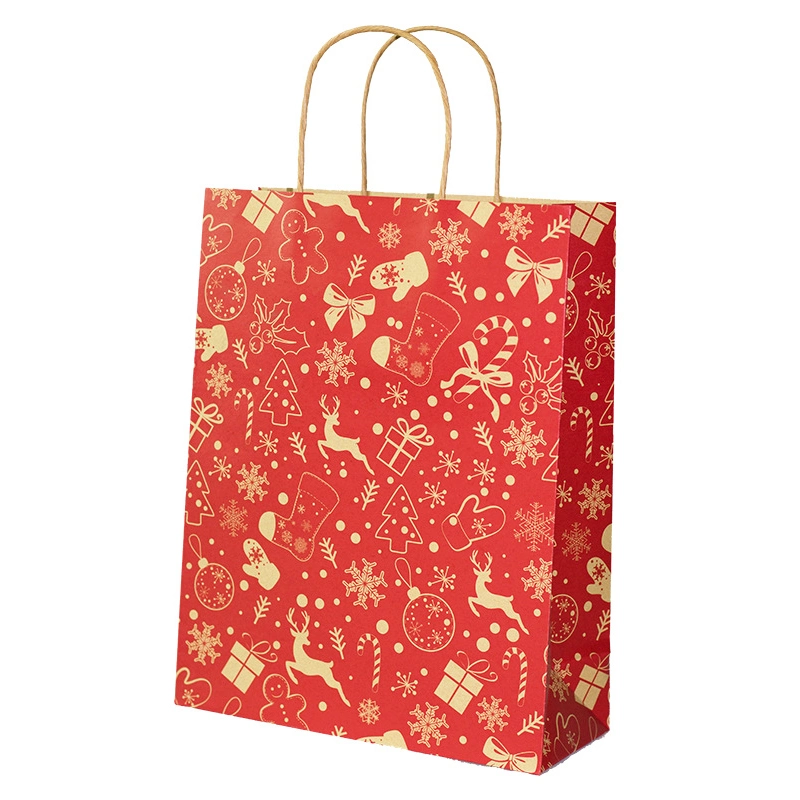 Custom Printed Christmas Style Brown Kraft Paper Bag Grocery Store Promotional Shopping Packaging Bag