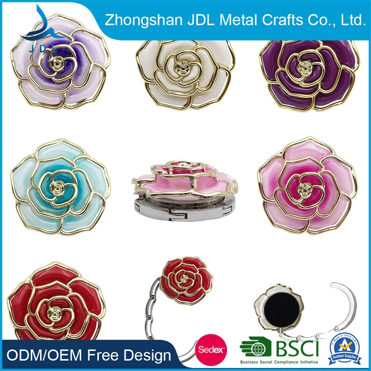 Round Metal Hanger Holder Unique Folding Portable Flower Pattern Fashion Table Crystal Alloy Purse Handbag Bag Hook