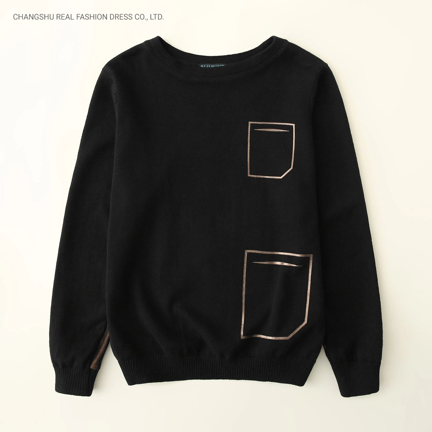 Boy Children Clothing Toddle Kids Knitted Black Sweater Wear with Gold Foil Pockets at Front