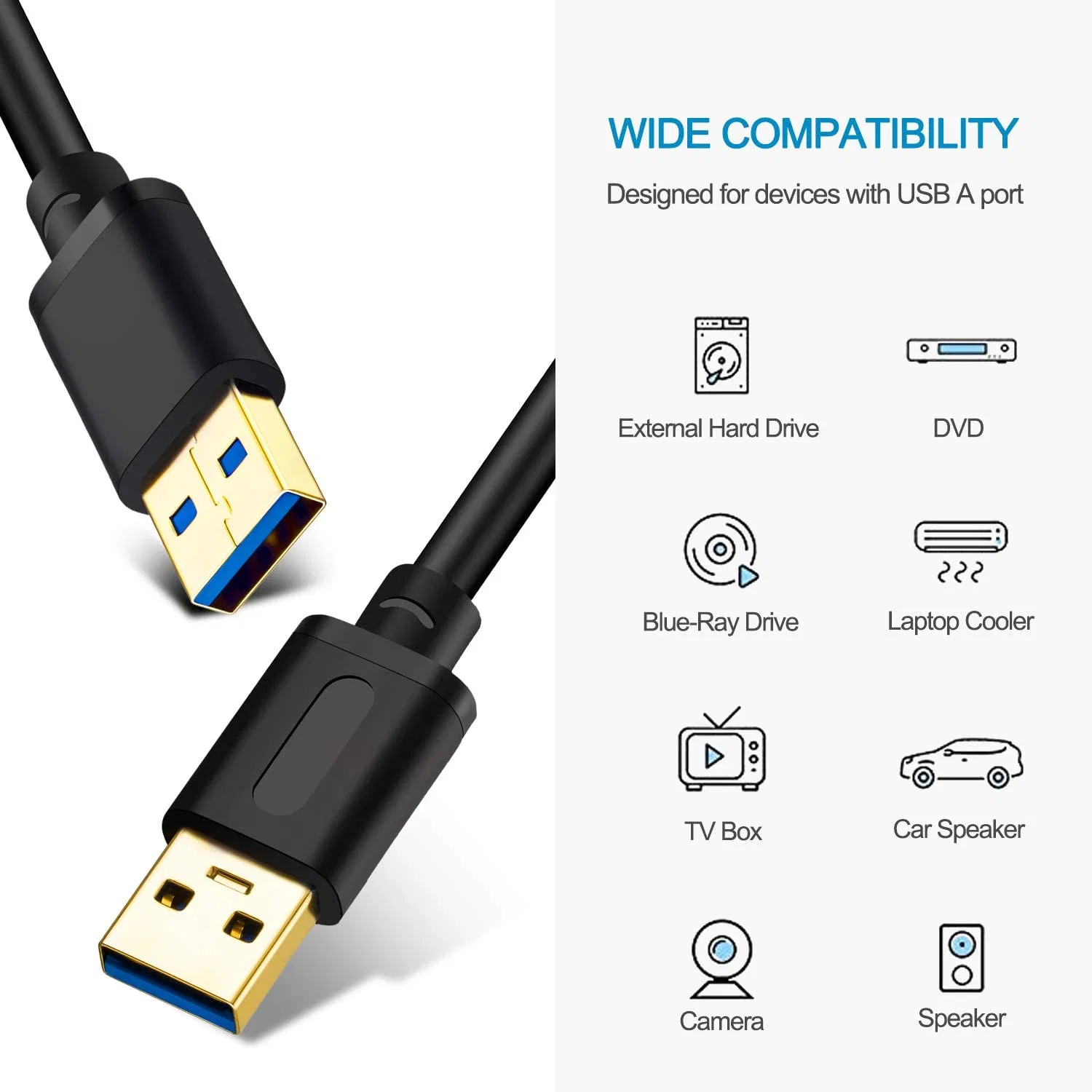 USB 3.0 Un à un câble mâle 3FT, USB vers le câble USB Câble USB mâle à mâle cordon USB avec connecteur Gold-Plated pour boîtiers de disque dur