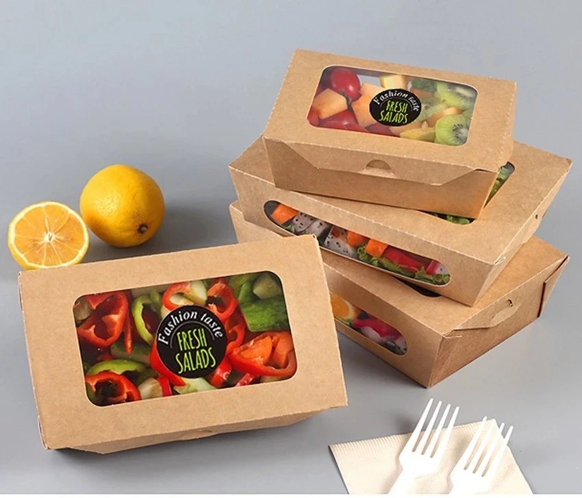 El papel de estraza Fiambrera con ventana transparente para llevar la comida rápida ensalada de embalaje de Bento Box Lunch