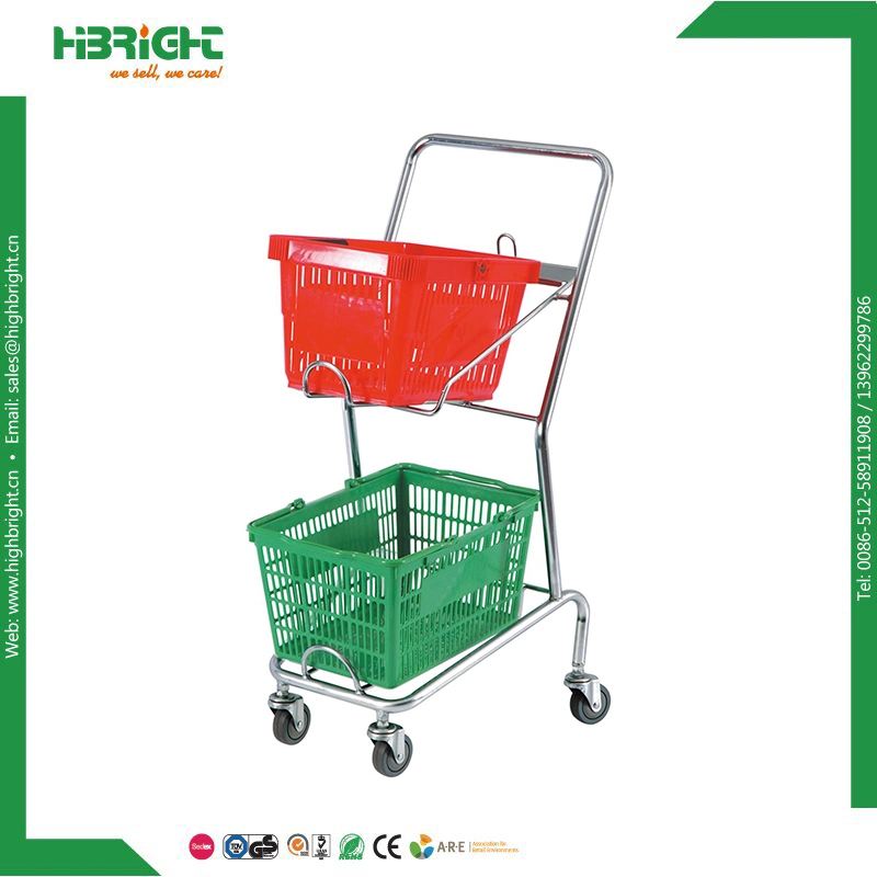 Plastic PP Basket Trolley Double Layer Shopping Cart