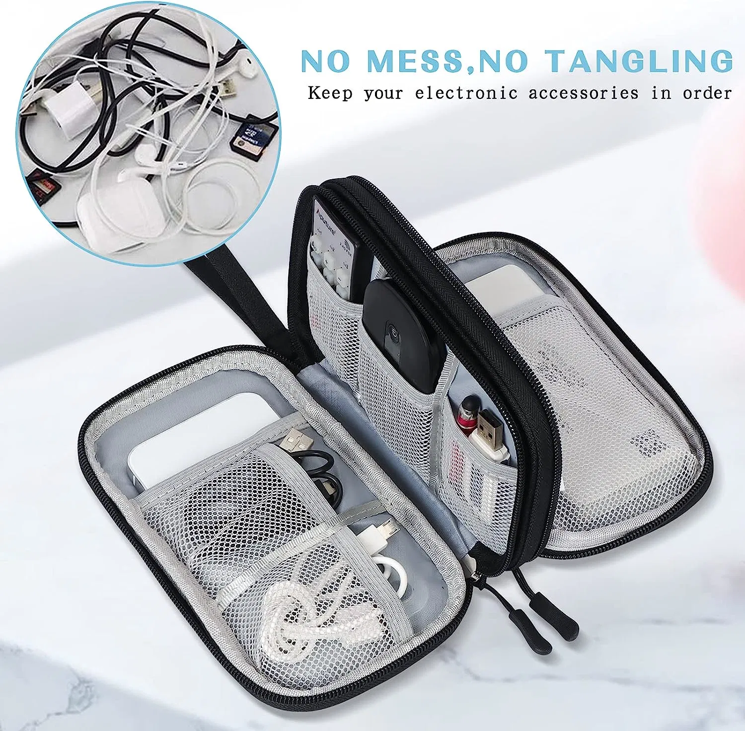 Travel Cable Organizer Pouch Electronic Accessories Carry Case Portable Waterproof Double Layers All-in-One Storage Bag for Cord, Charger, Phone, Earphone Black