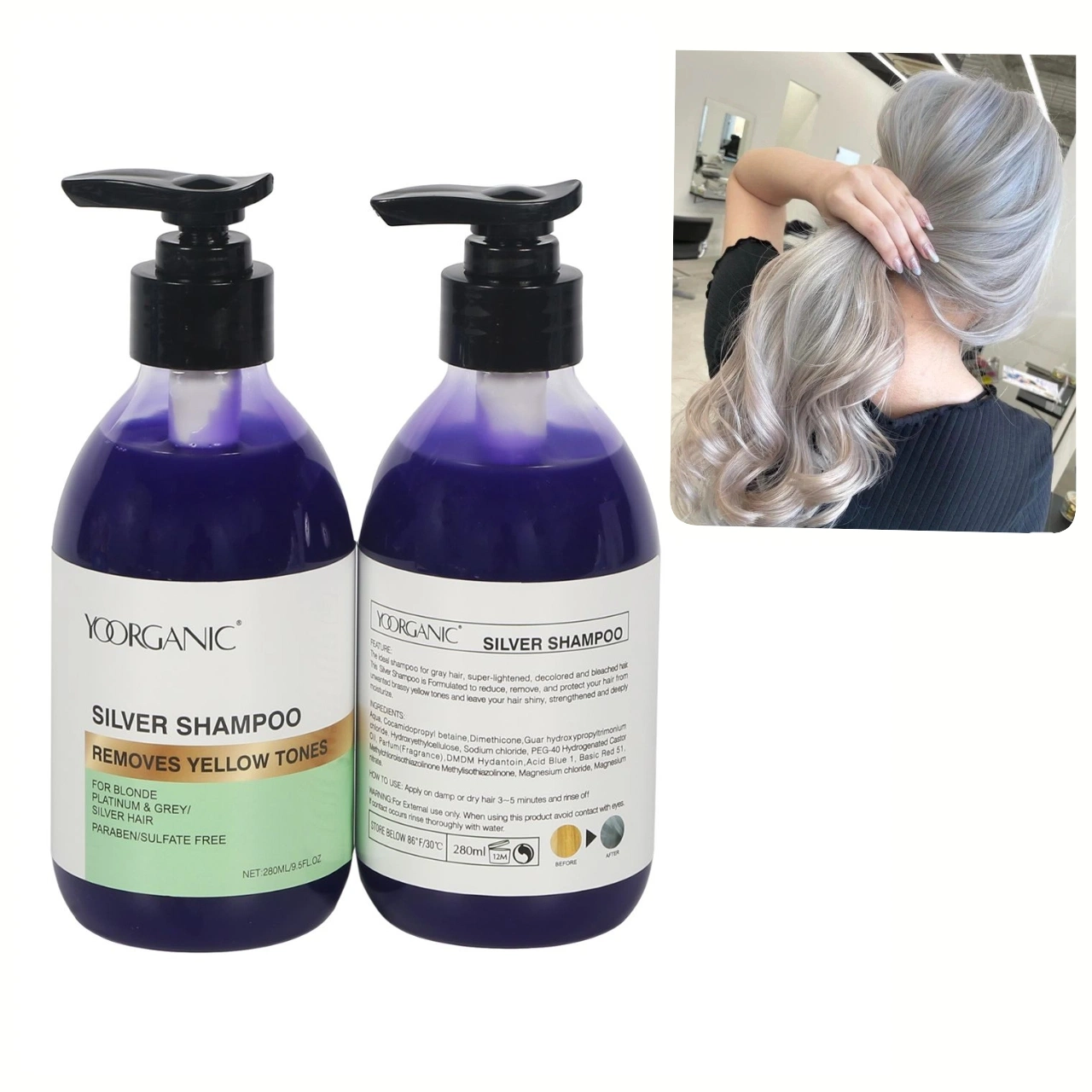 Fábrica profesional Anti Amarillo Púrpura Color de Plata Shampoo para Gris Cabello