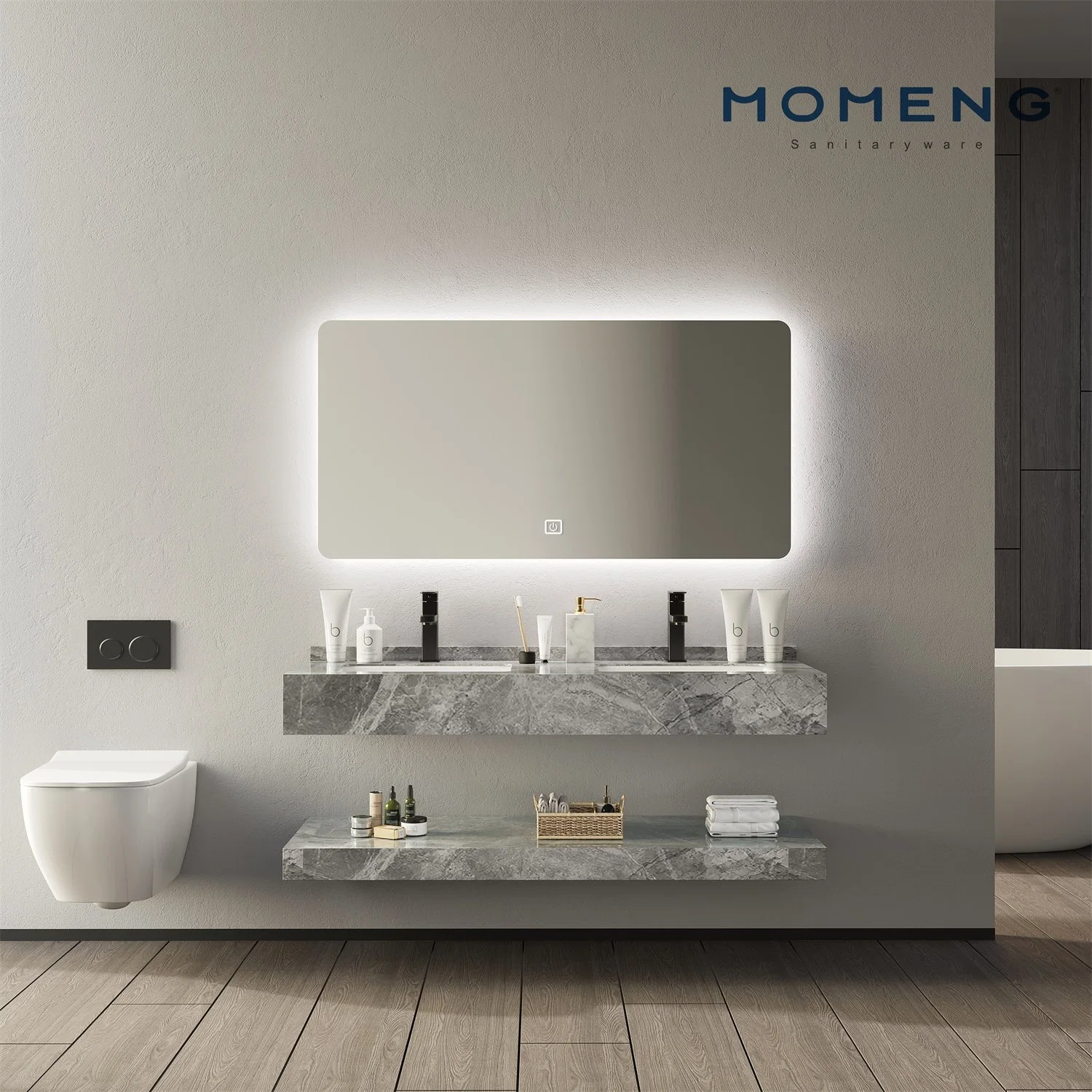 Modern New Design Custom Bathroom Furniture Set LED Mirror Slate Basin Cabinet