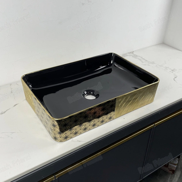 Color negro y oro Mayorista de cerámica de lujo en el cuarto de baño lavabo rectangular con encimera lavabo nuevo diseño de la cuenca del arte