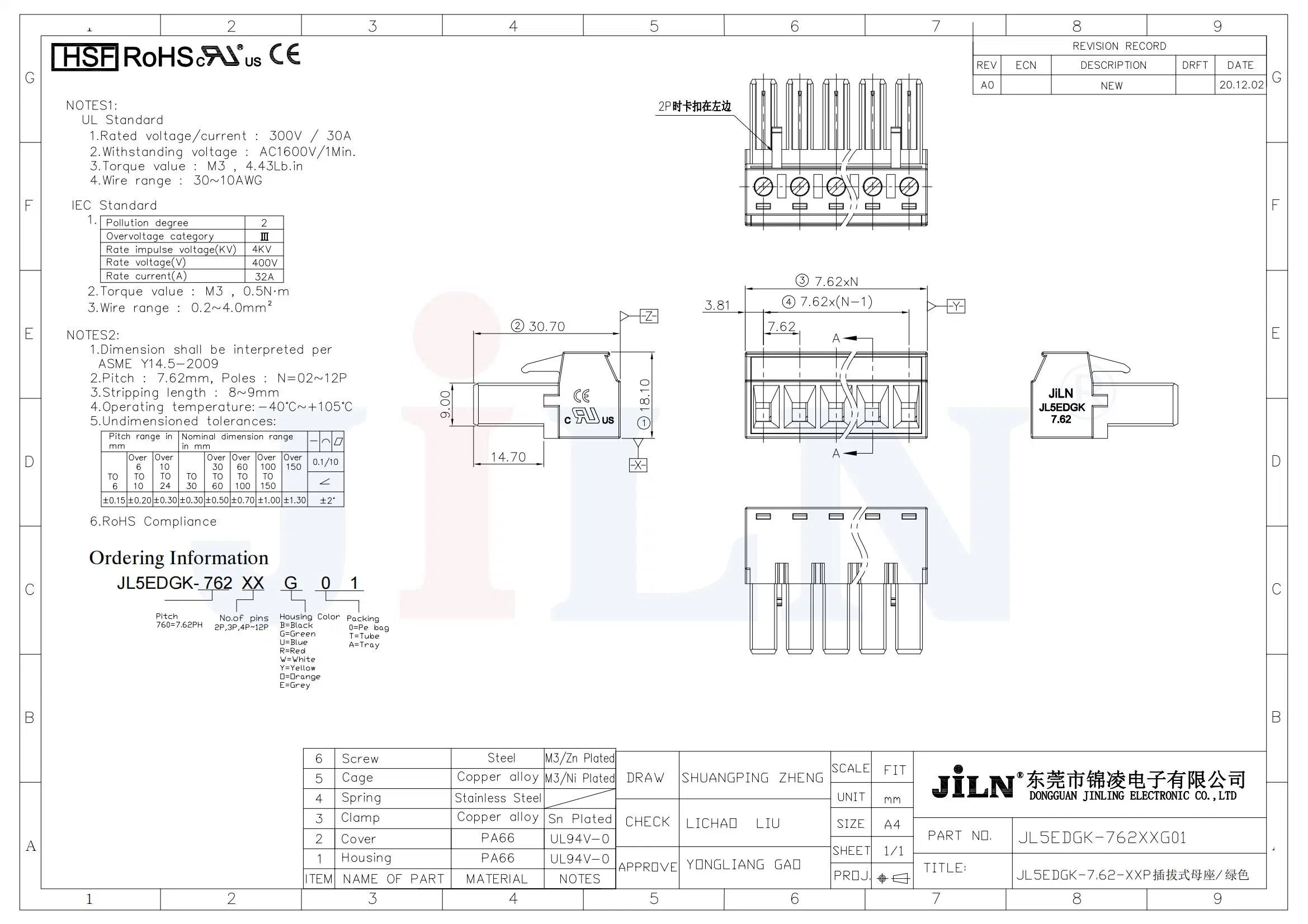 La coutume de la Chine Fabricant edgk-7.62 JL5Connecteur de bloc de jonction enfichables