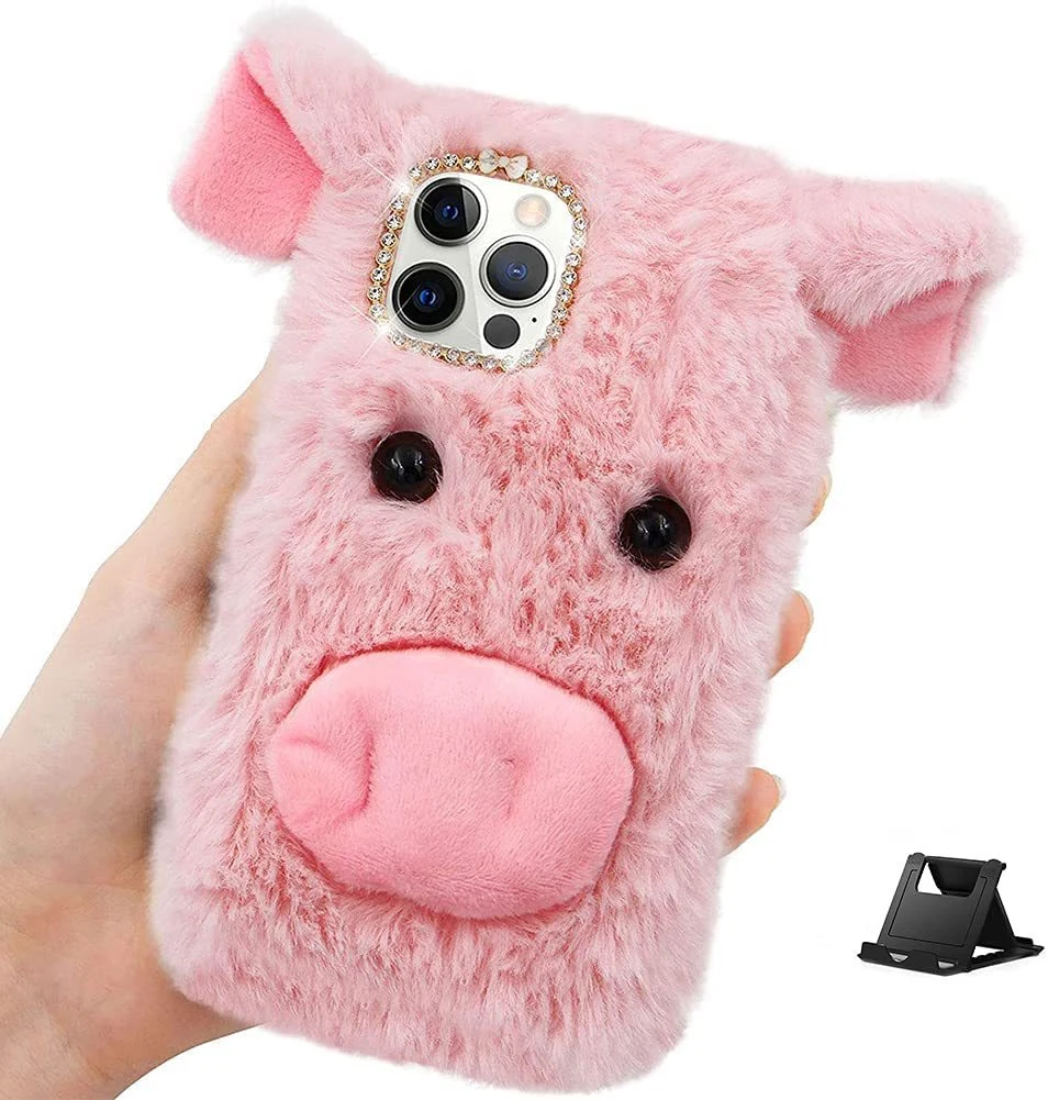 Plush Mobile Phone Case Cow Piglet Protective Cover, Cartoon Animal Faux Fur Shell Plush Shockproof Back Cover