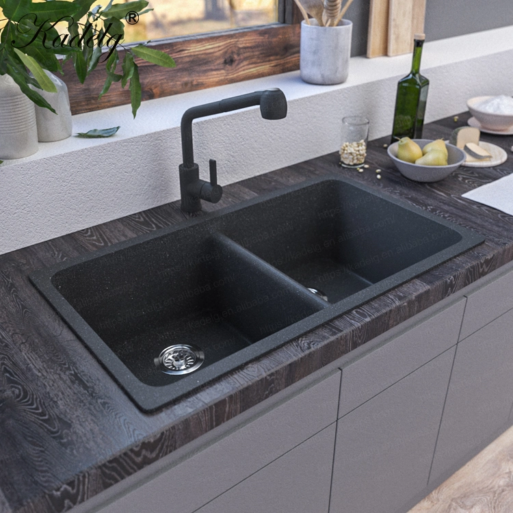 Factory Selling Directly Top Mount Black Double Bowl Rectangular Granite Kitchen Sink