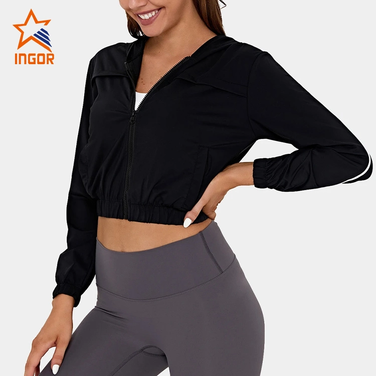Ingor Sportswear Activewear Manufacturer Custom Women Zipper Hooded Contrast Trim Elastic Cropped Sports Jacket