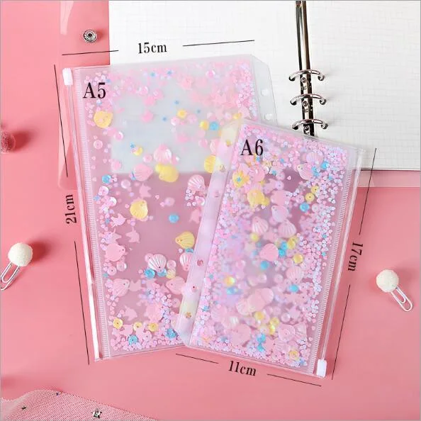 A5 Glitter Sequins PVC Loose Leaf File Bag with Zipper Document File Folder Bag Clear Plastic Envelope Planner Pink Zipper Pouch