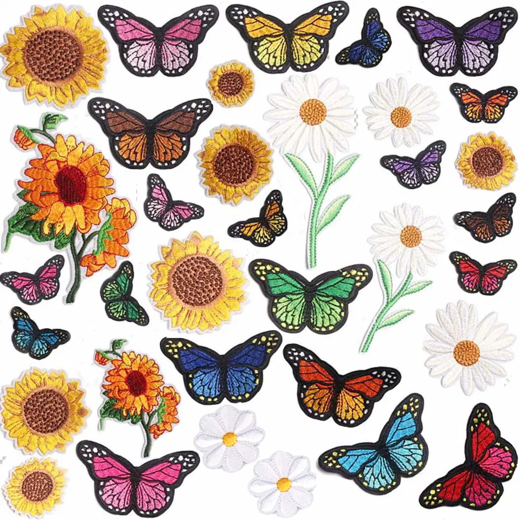 Embroidered Iron on Patch for Clothing Sunflowers Butterfly for Jeans Bag Clothing, Arts Crafts DIY
