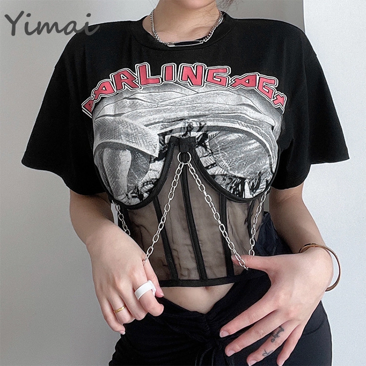 Summer High Street Custom Wholesale/Supplier Fashion Punk Mesh Crop Top Metal Chain Letter Print Corset