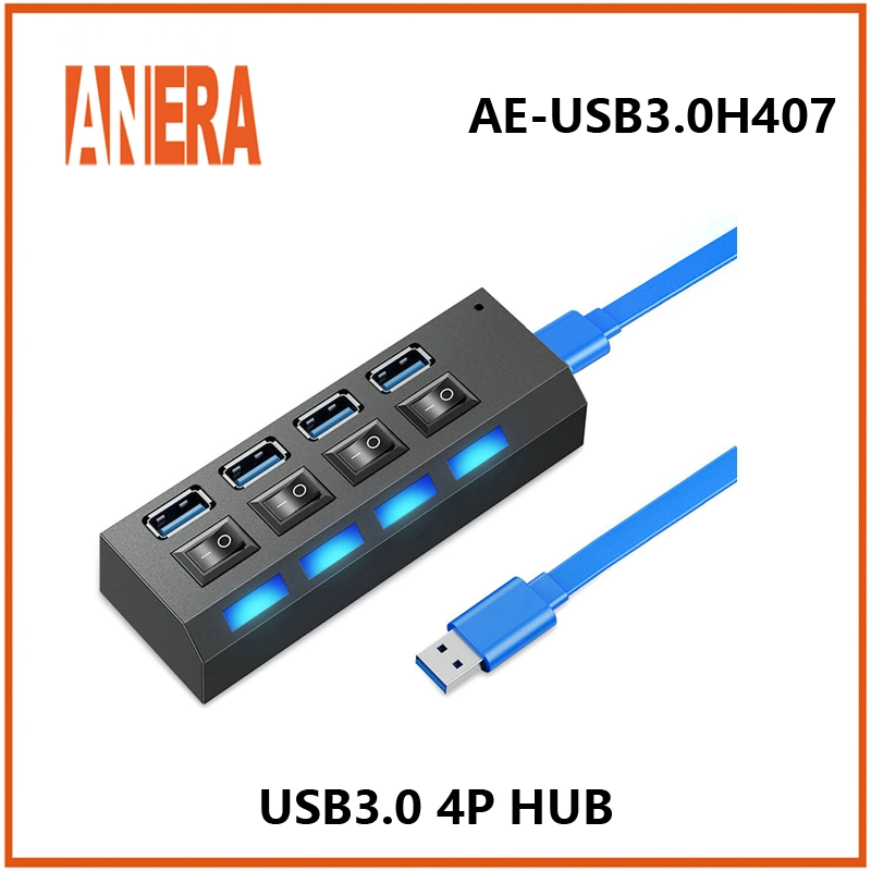 Anera High Speed New Design 4 Ports USB3,0 Hub mit Einzelschalter 5Gbps tragbar kompakt mit Kabel