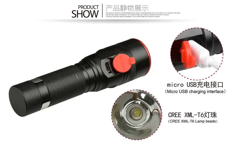 Small Zoomable LED Flashlight Rechargeable Portable Outdoor Torch with Clip