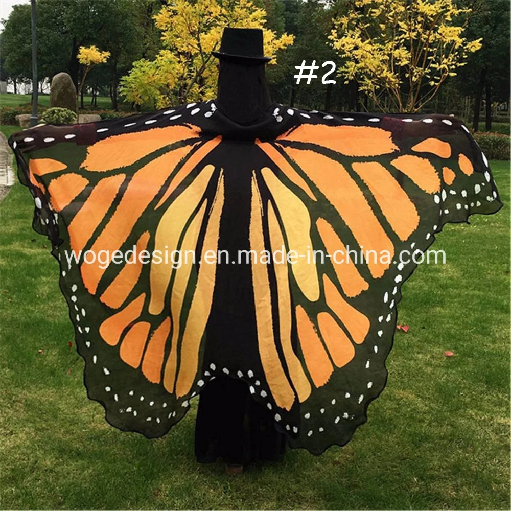 Fábrica al por mayor tela de poliéster Voile Fantesque Halloween Traje Baile Cosplay Capa de alas de mariposa con estampado de chales