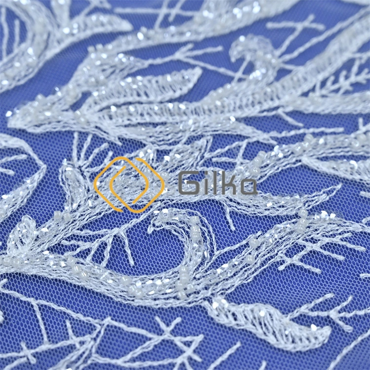 Fashion Style Design Pure White Beaded Embroidery Lace Fabrics for Wedding Dresses