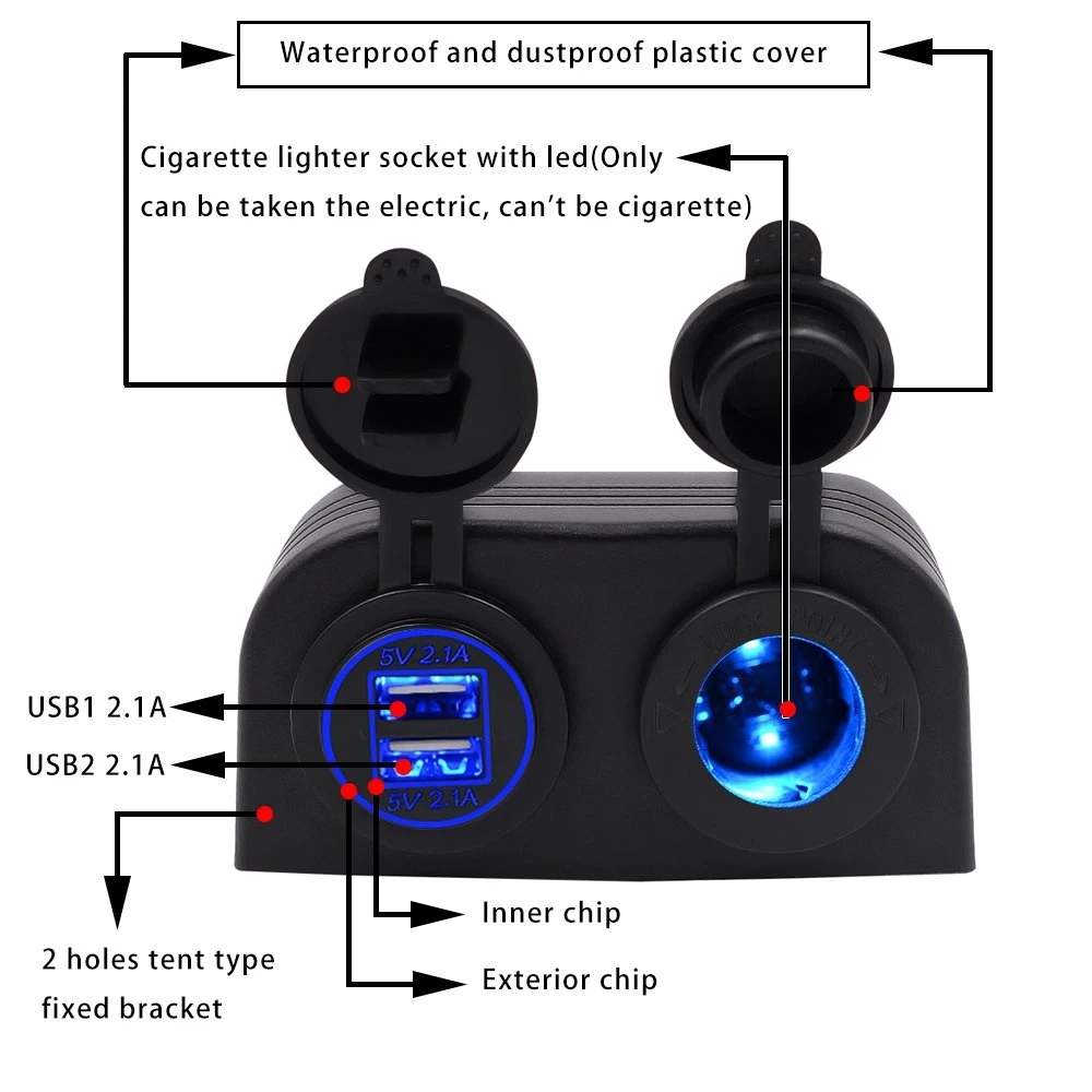 2.1A, 5V 2 USB Cargador encendedor con dos agujeros Panel Tipo Tienda para barco Marine ATV RV